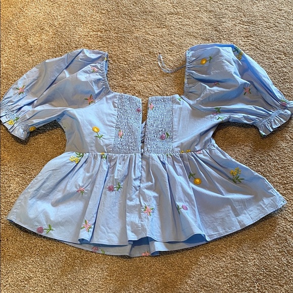 ENGLISH FACTORY Floral Embroidered Puff Slv Babydoll Powder Blue Multi XS *flaw - Picture 11 of 16
